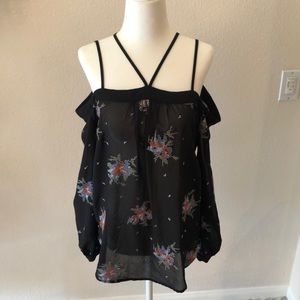 RO&DE black sheer embroidered off the shoulder top